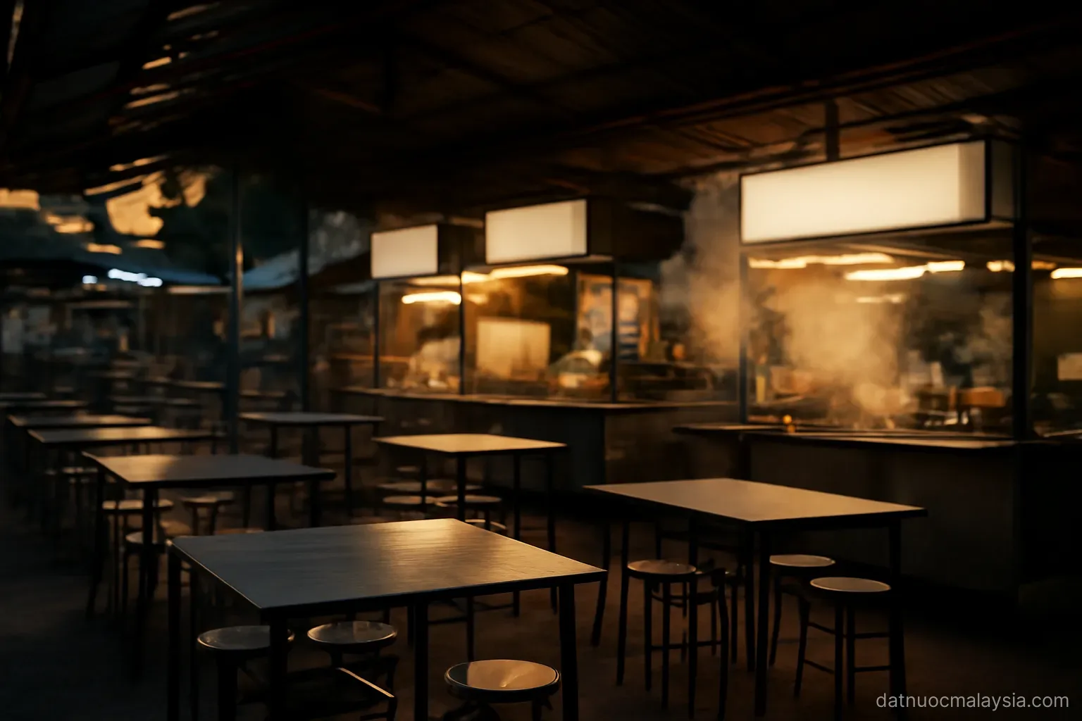 An open-air food court with metal tables and stalls under corrugated roofing, steam rising, dusk