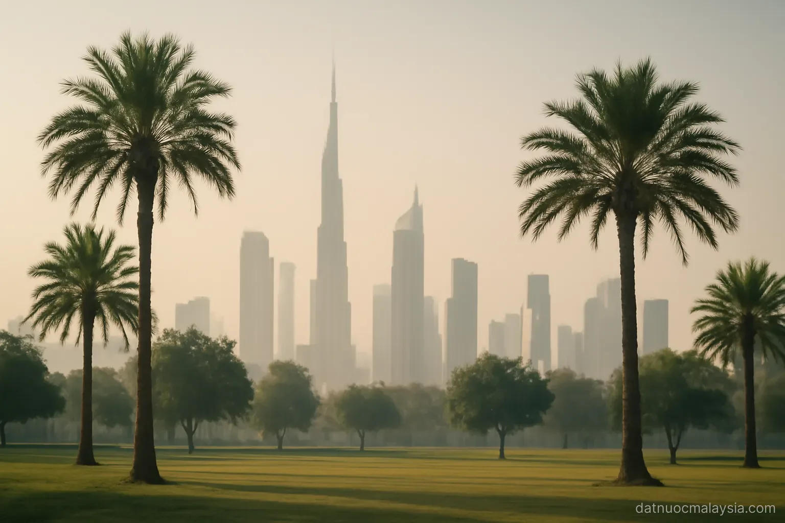 A skyline of tall towers seen across a park with palm trees in the foreground, hazy afternoon