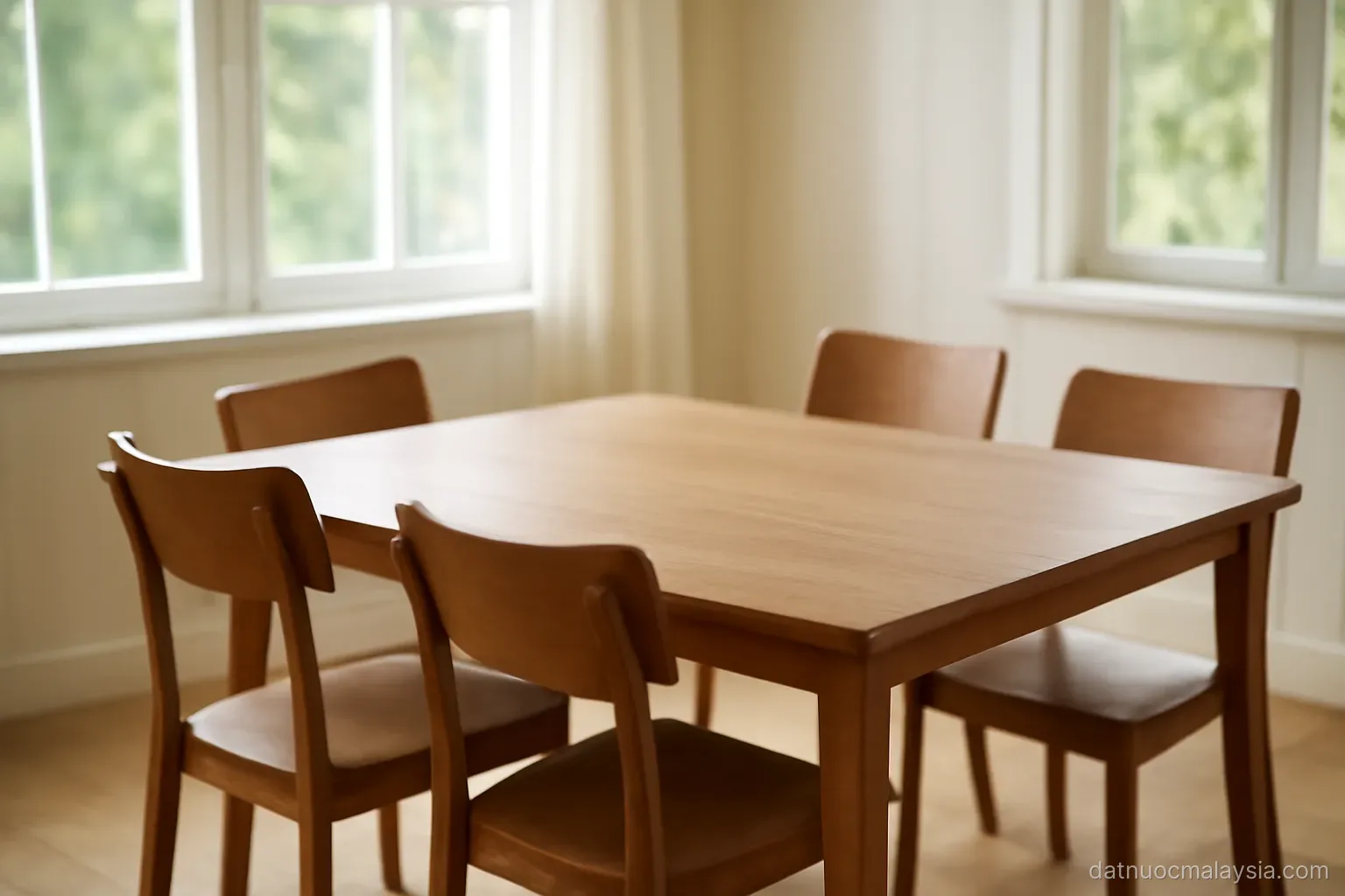 A family-sized dining table with four empty chairs in a bright room, no tableware, daylight