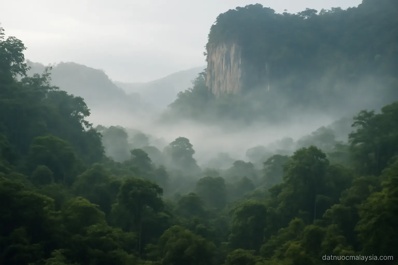 A misty rainforest valley with dense canopy and a limestone cliff rising behind, early morning
