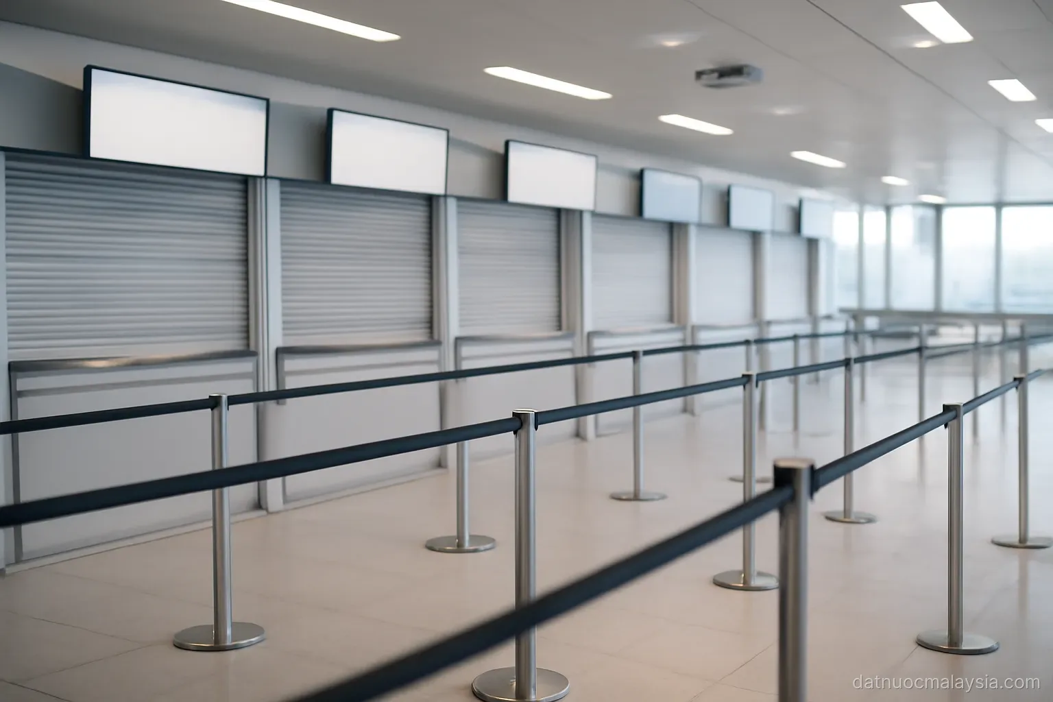 A row of immigration counters with closed shutters and empty queue lanes, bright ceiling lights