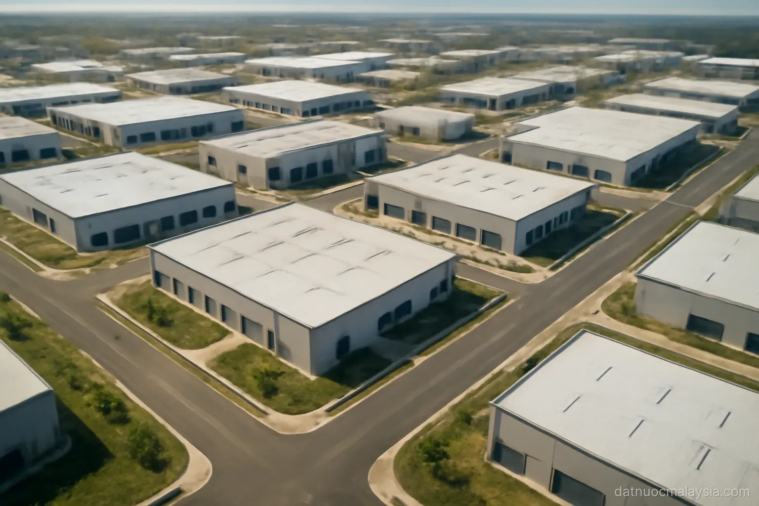 An aerial-style view of a planned industrial estate with wide roads and low warehouse blocks