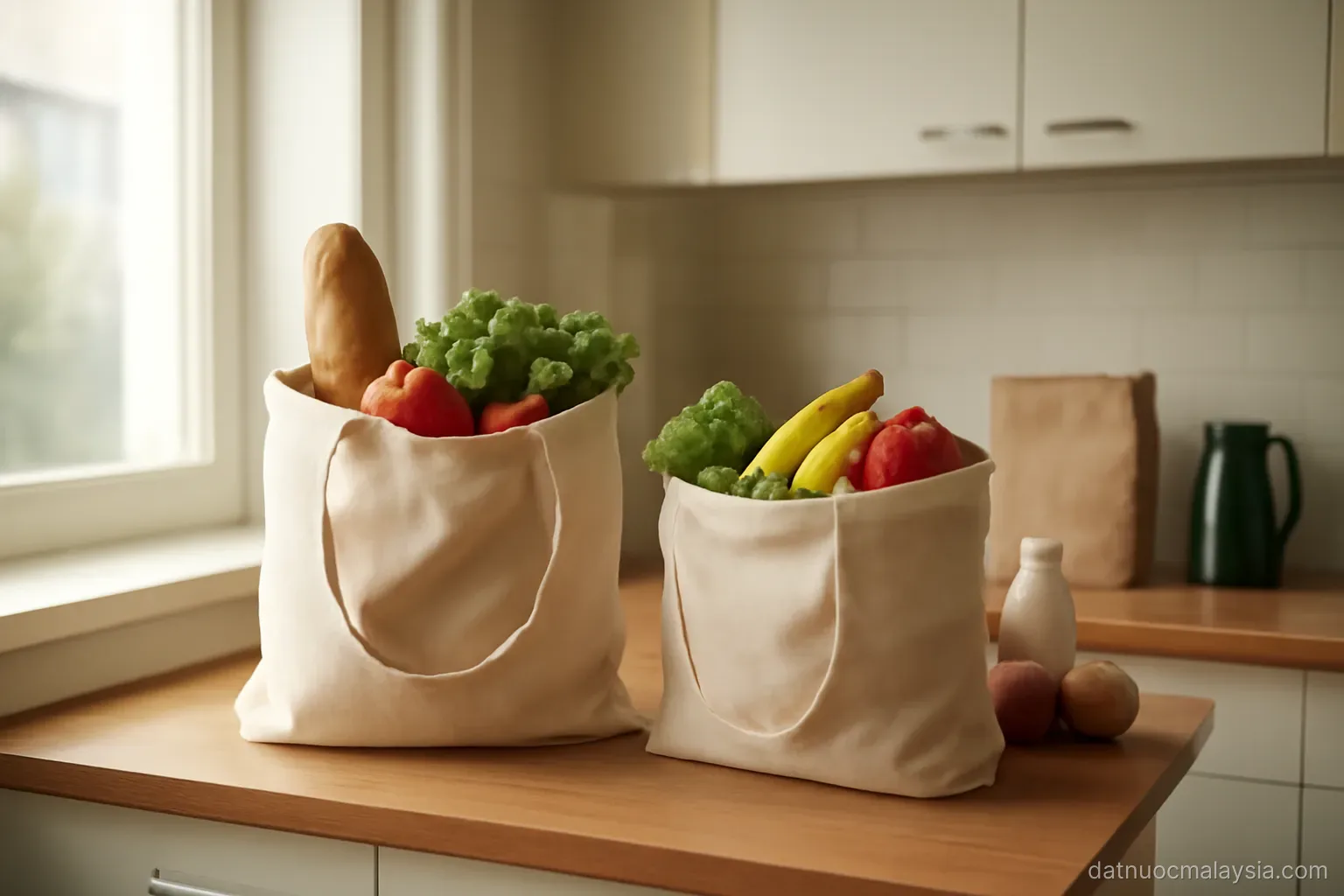 A tidy apartment kitchen counter with groceries in reusable bags, morning light through a window