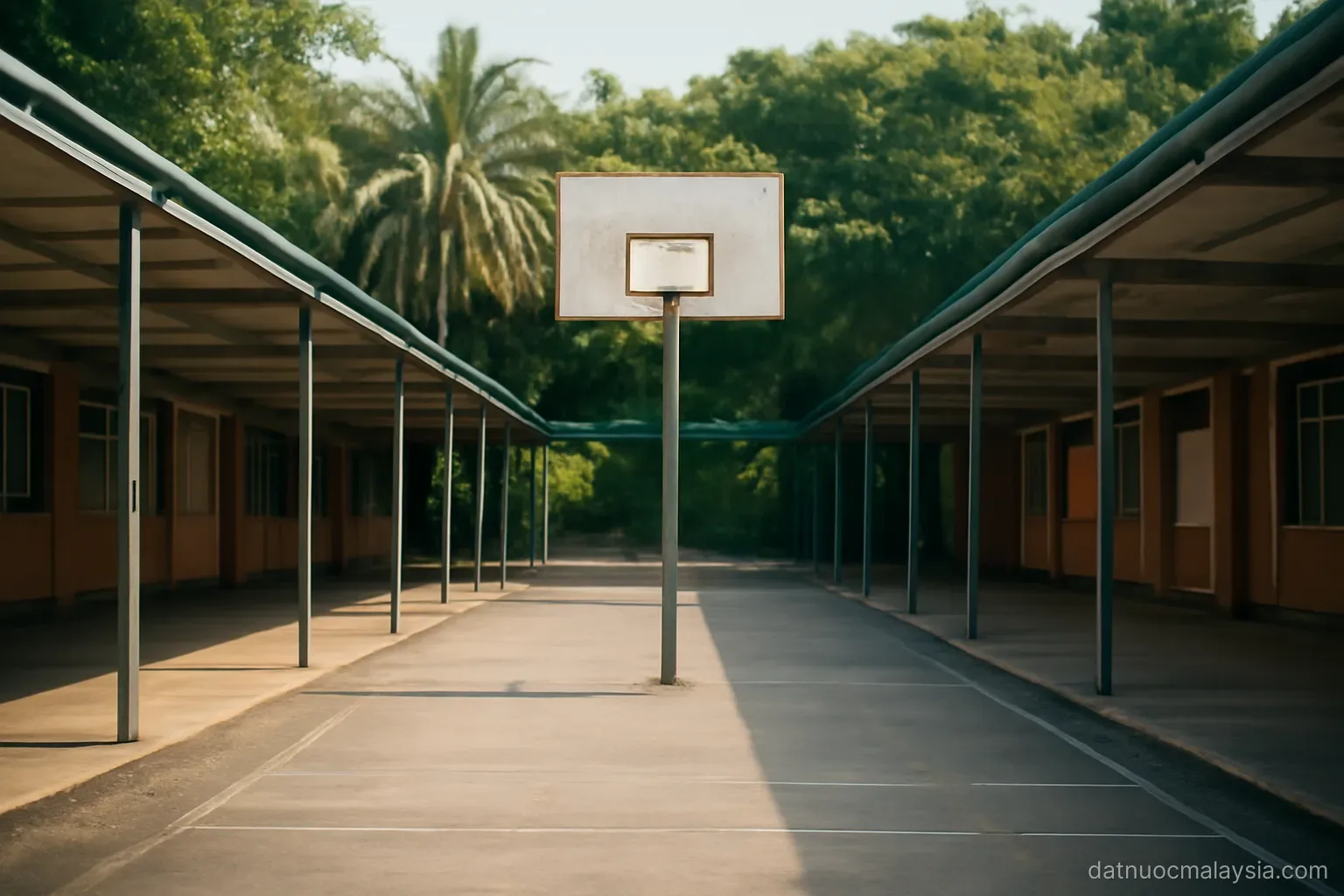 An empty school courtyard with covered walkways and a basketball hoop, tropical trees at the edge