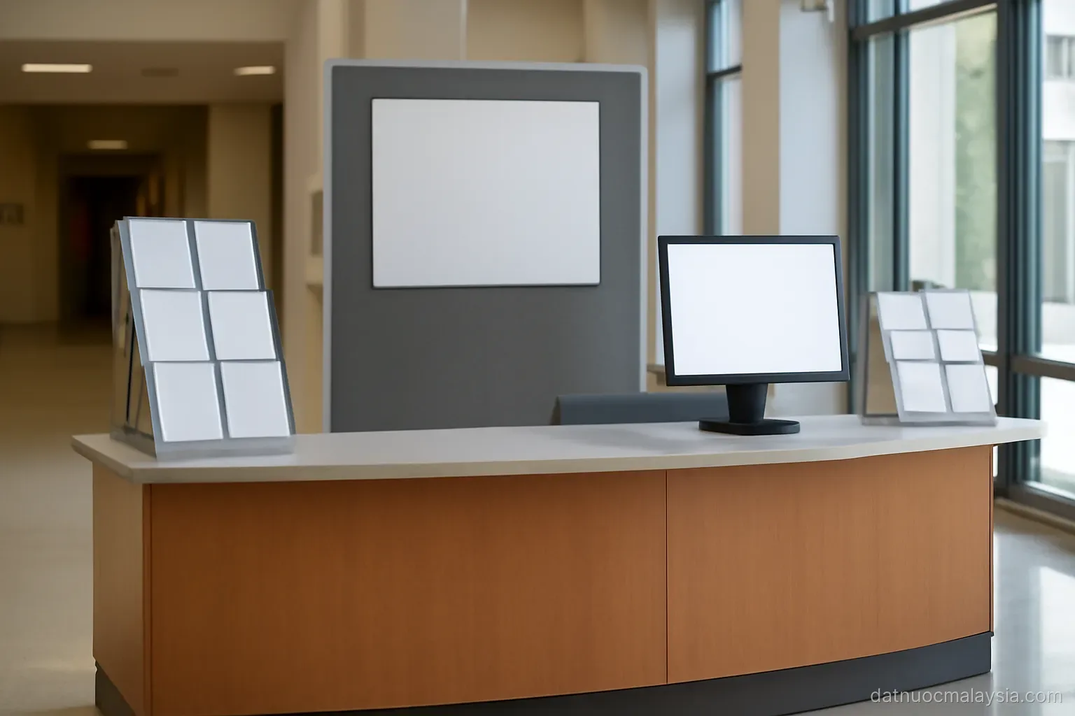 An empty campus information desk with brochure racks holding blank pamphlets, indoor daylight