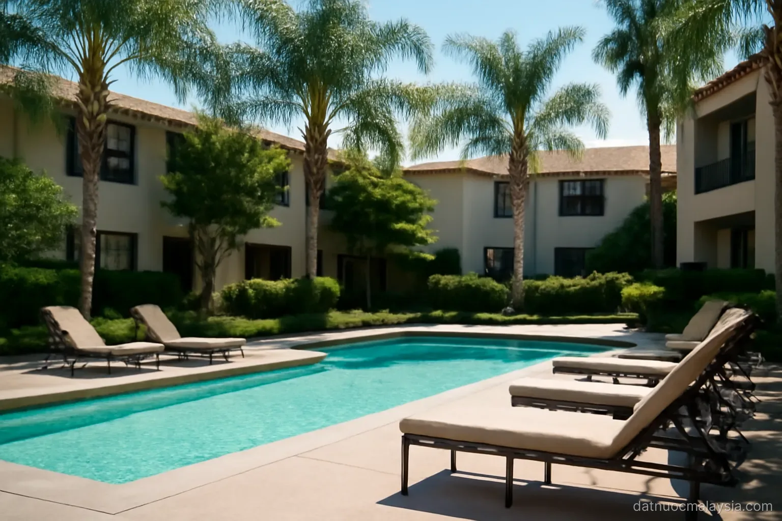 A quiet residential courtyard with a swimming pool and empty loungers, palm trees, bright daylight