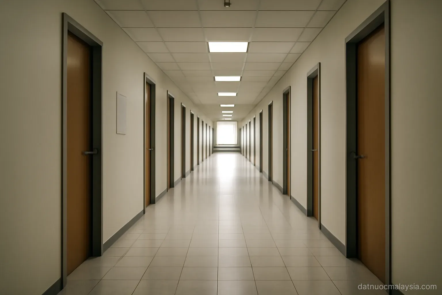 A long empty hallway with rows of closed office doors and a tiled floor, fluorescent lighting