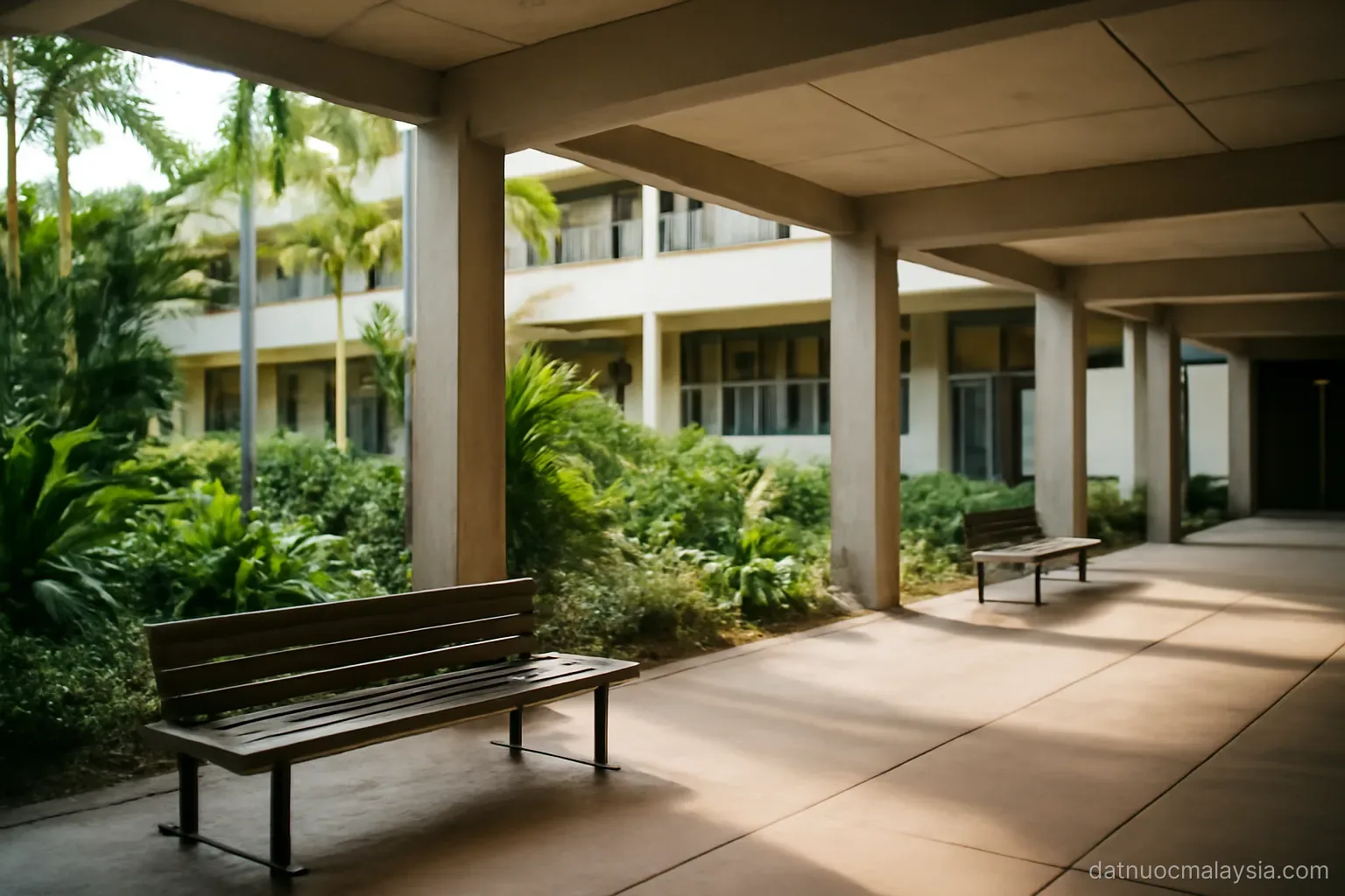 A modern university building with covered walkways and empty benches, tropical plants, daylight