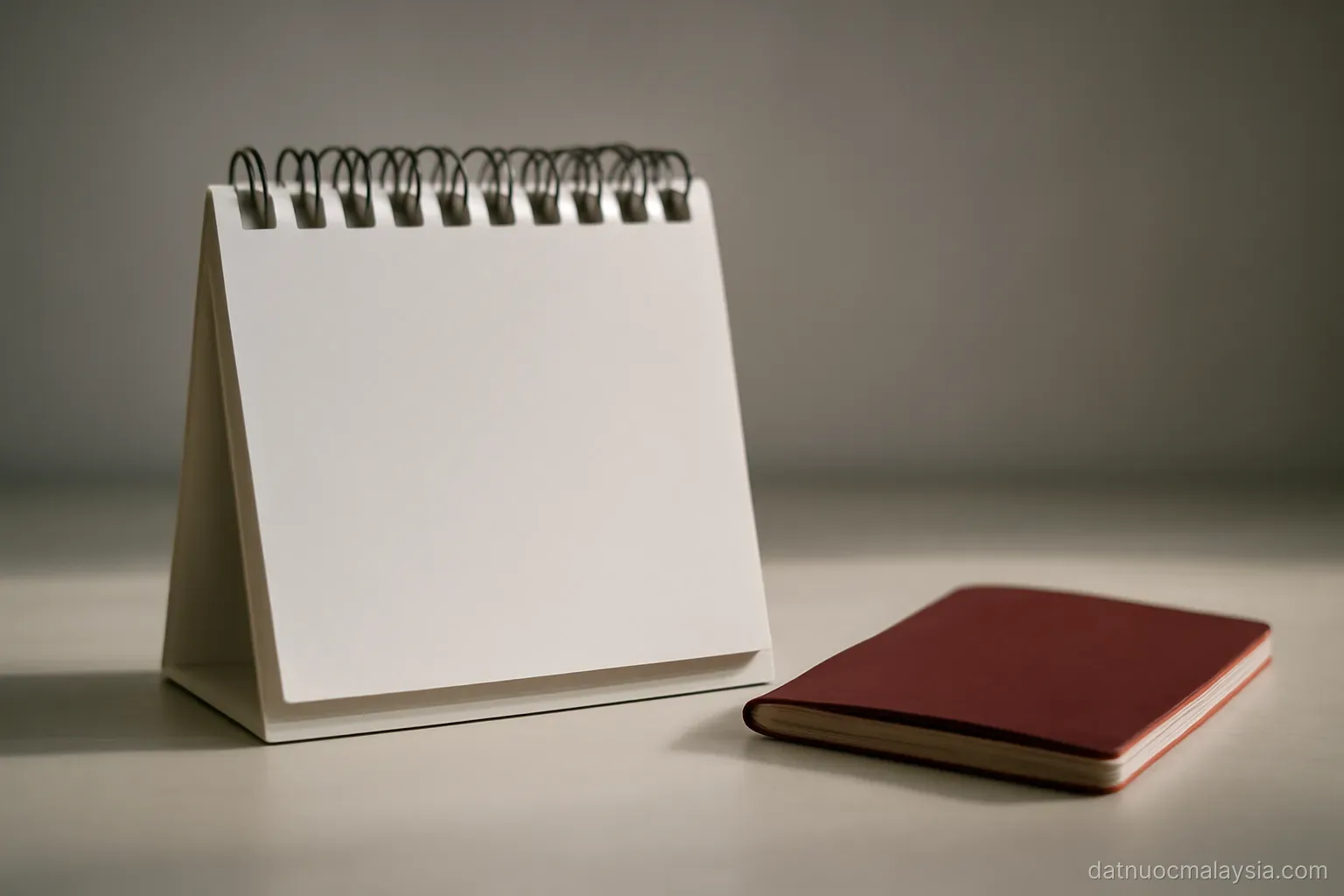 A desk calendar with blank pages beside a closed passport on a plain surface, side lighting