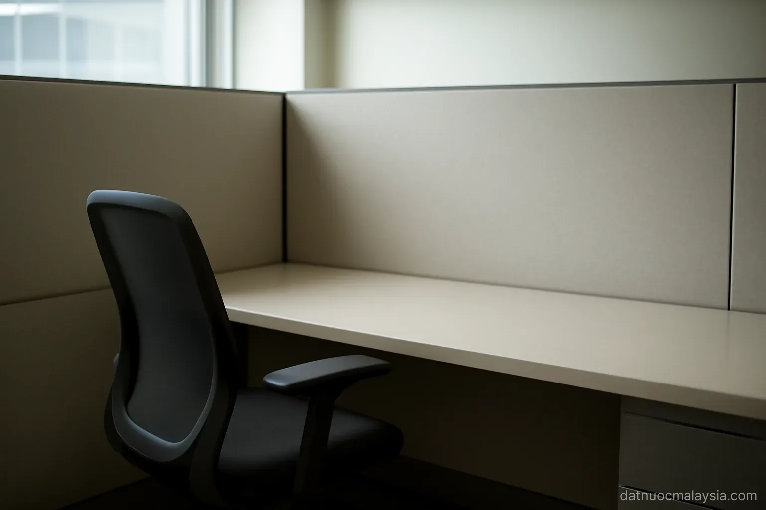 An empty office cubicle with a bare desk, an office chair and a blank partition wall, daylight