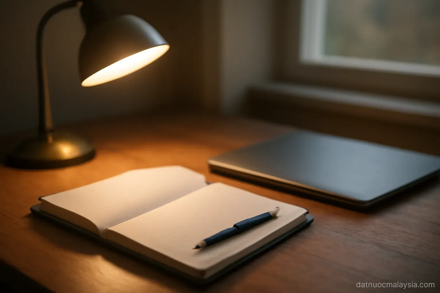 A study desk with an open blank ledger and a pen beside a closed laptop, warm desk lamp light