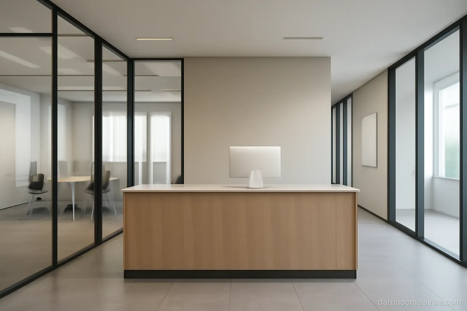 A modern office lobby with glass partitions and empty reception desk, neutral daylight