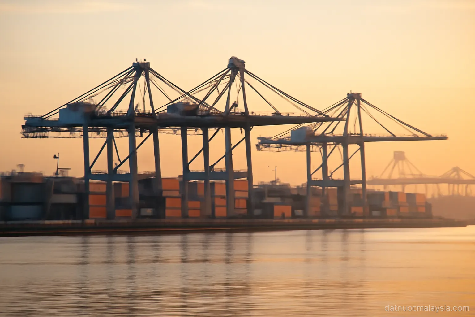 An industrial port with container cranes and stacked containers seen from a distance at dawn