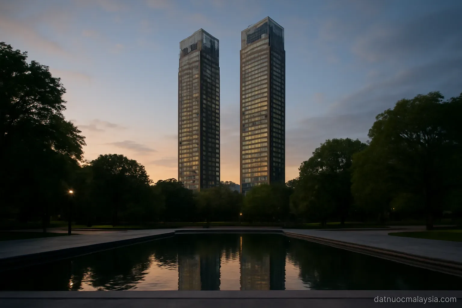 Twin skyscrapers rising above a city park with a reflecting pool, evening sky, no people
