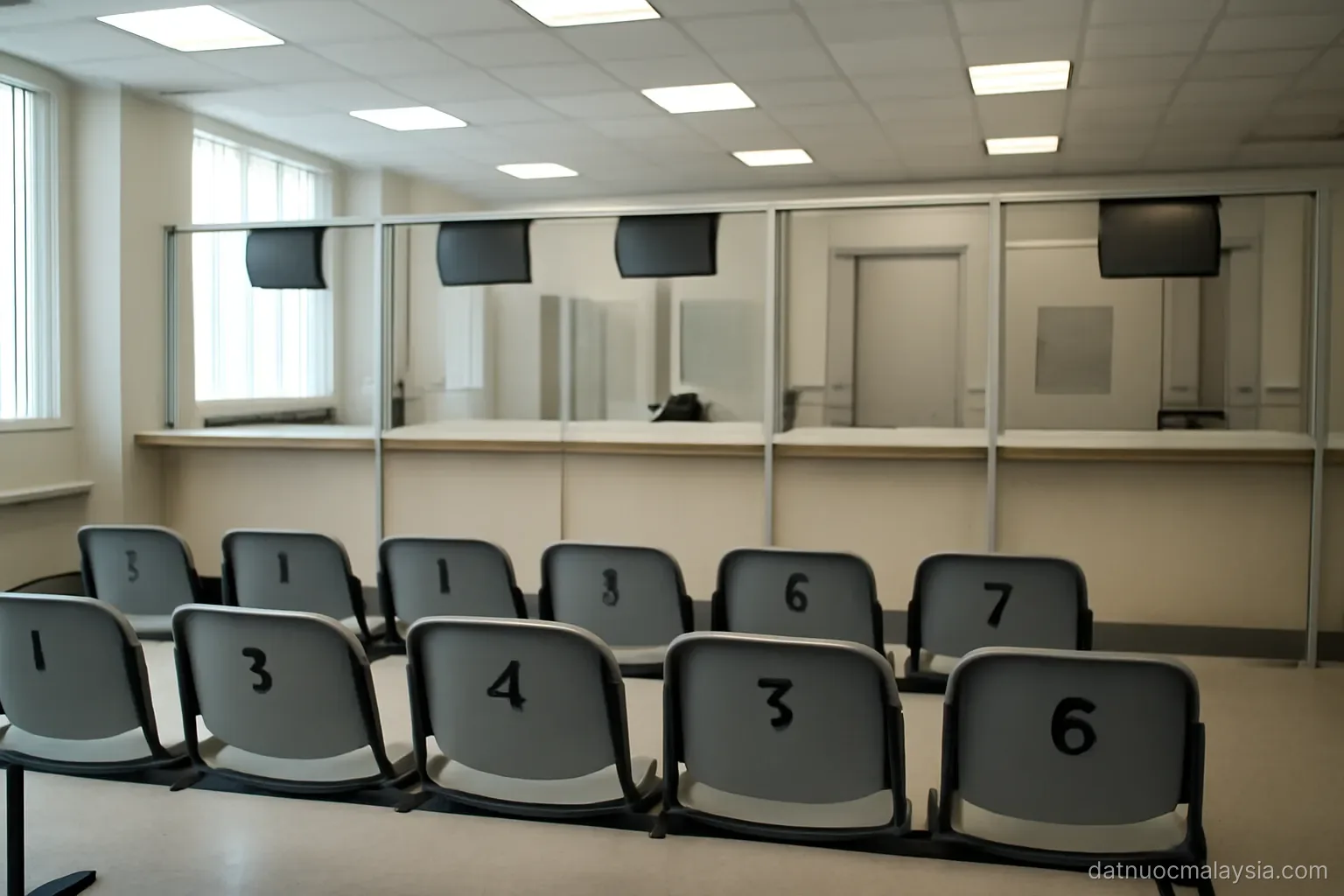 A government service counter area with numbered queue seats and closed booths, fluorescent lighting