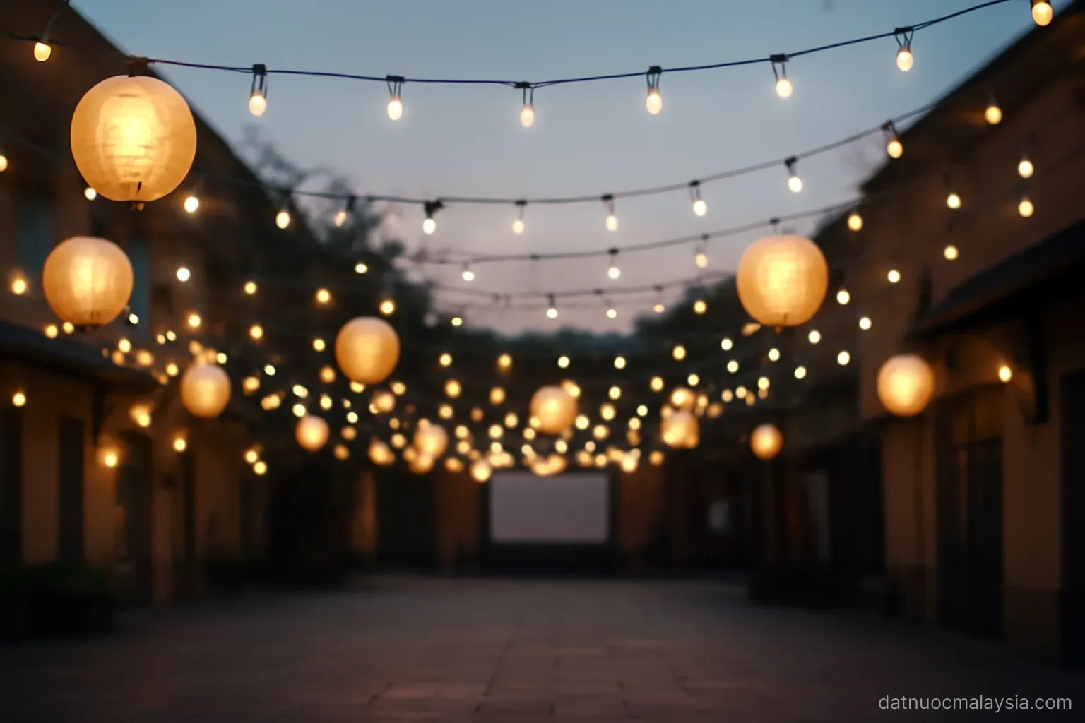 Rows of paper lanterns and strung lights over an open courtyard at dusk, festive but empty