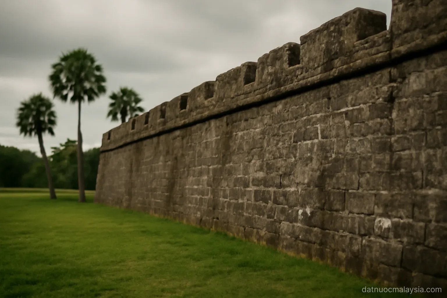 An old fort wall of weathered stone beside a grassy field, palm trees behind, overcast sky