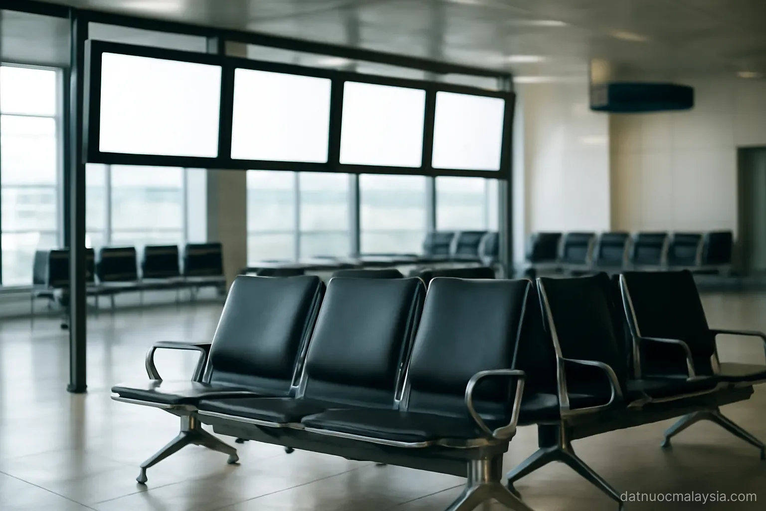 An airport concourse with empty seating rows and a bank of blank departure screens, even lighting