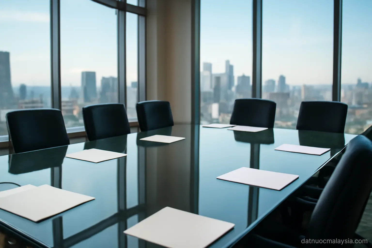 An empty boardroom with a glass table and city view through floor-to-ceiling windows, daylight