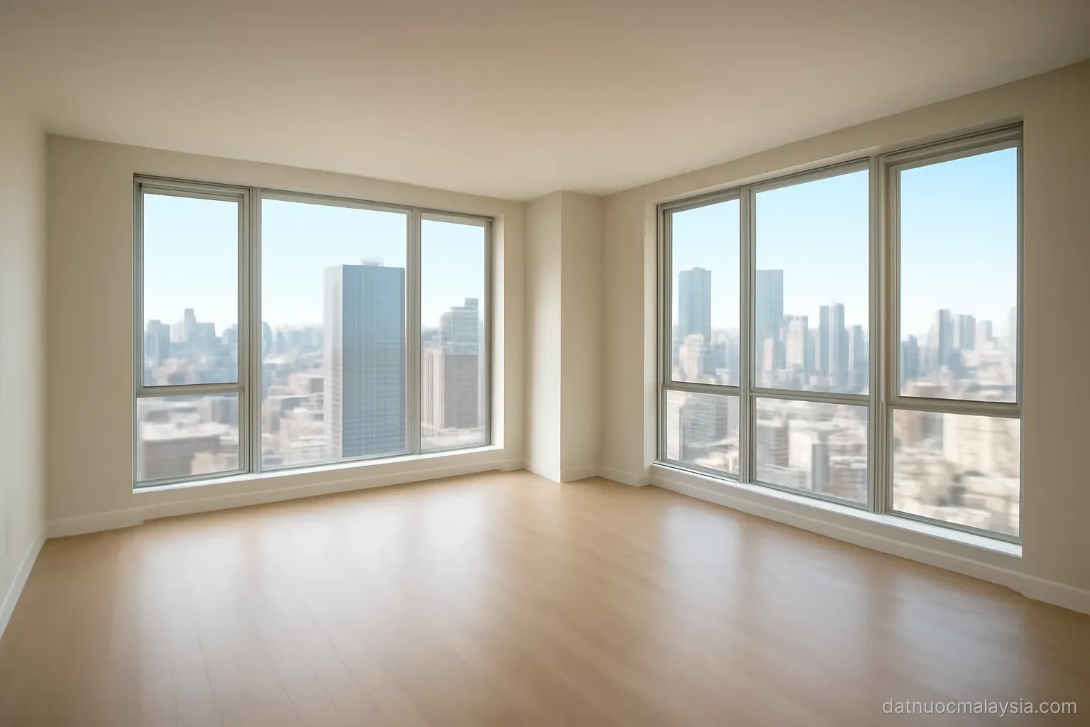 An empty condominium living room with large windows overlooking a city, bare floor, daylight