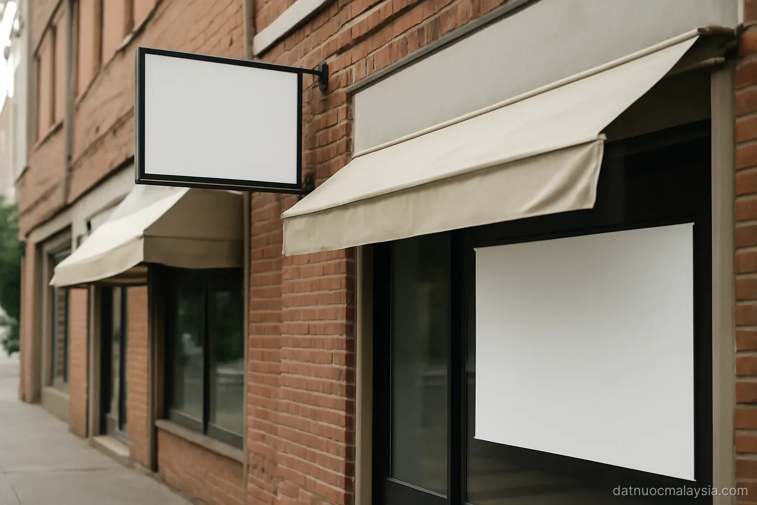 A street corner with layered multilingual signage removed, showing only blank boards and awnings