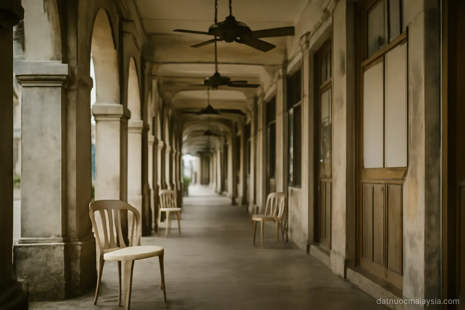 A covered walkway between shophouses with ceiling fans and empty plastic chairs, humid daylight