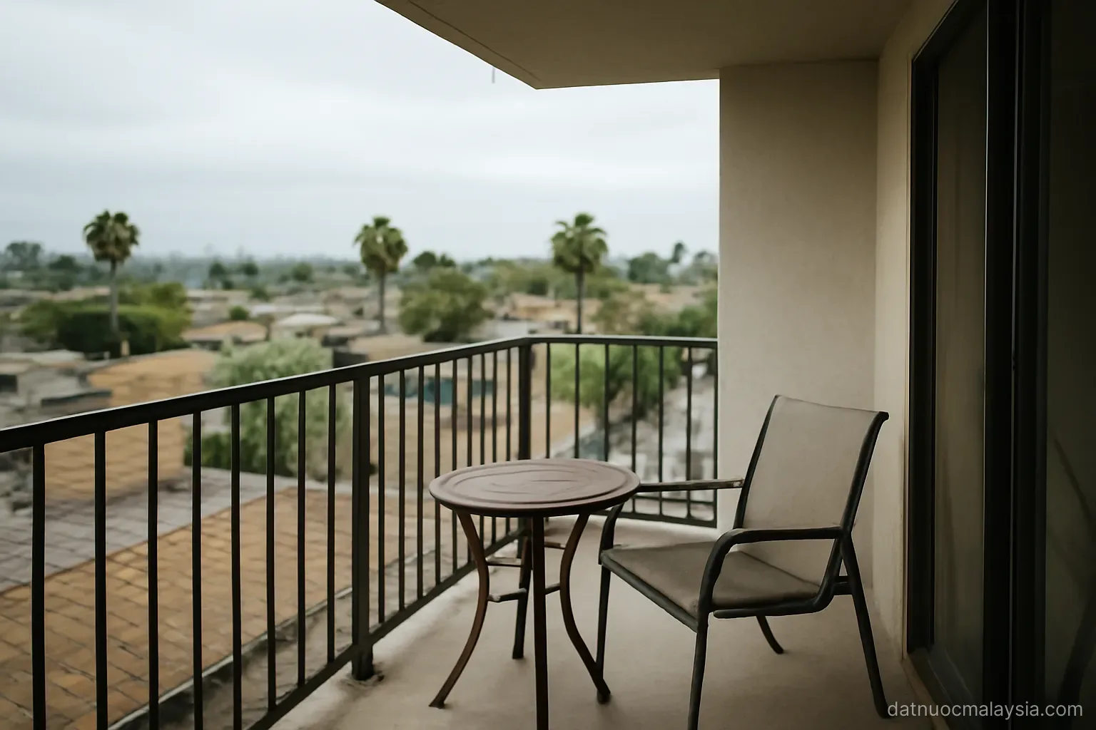 A high-rise residential balcony looking out over low-rise rooftops and palm trees, overcast light
