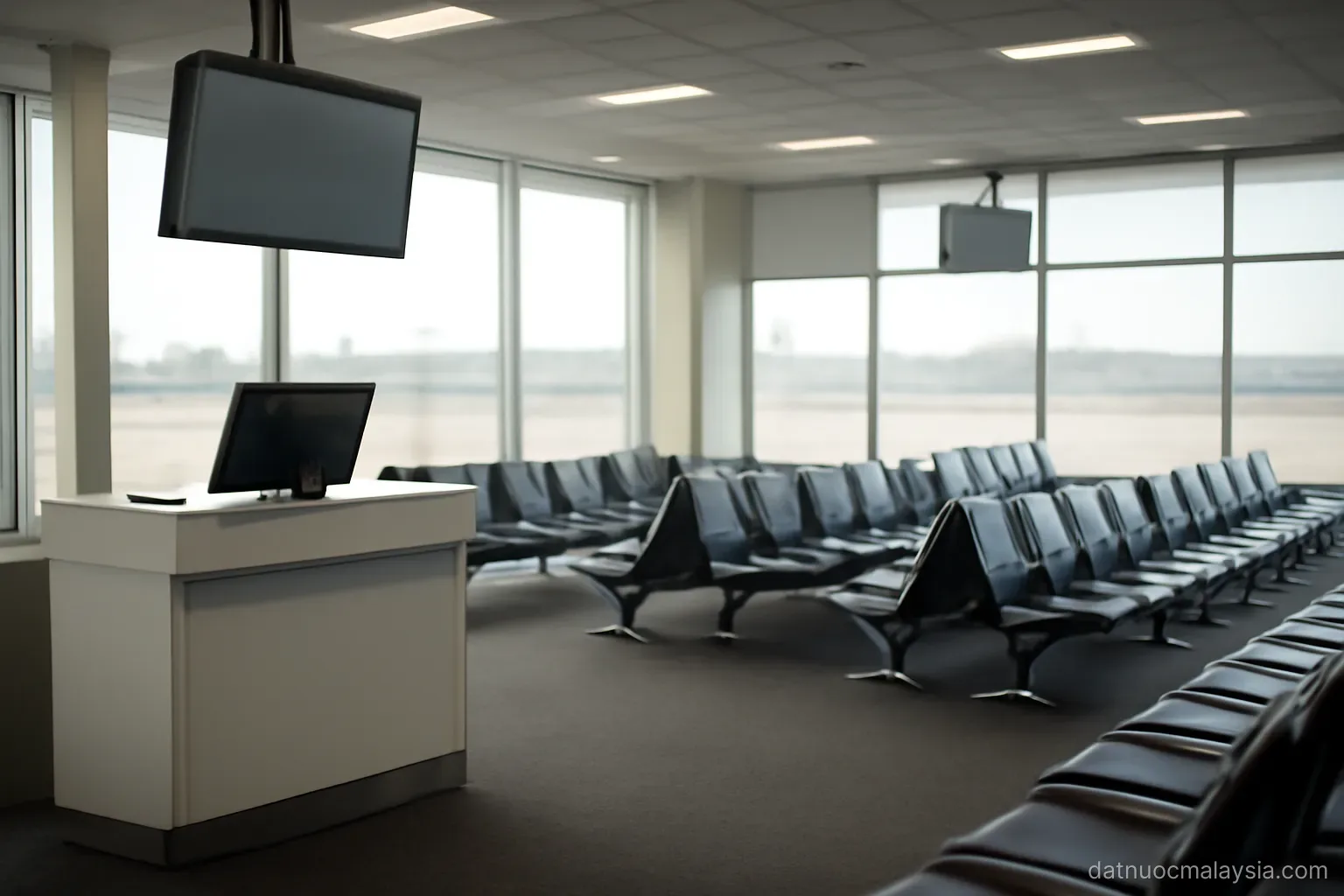 An airport departure gate with an empty boarding desk and rows of vacant seats, overhead lighting