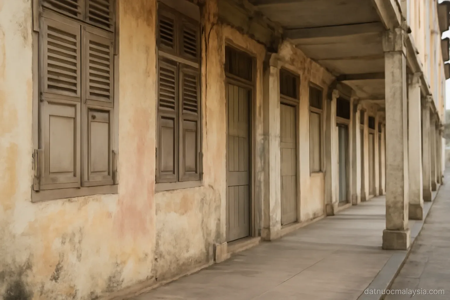 A row of old shophouses with shuttered windows and a covered five-foot walkway, worn pastel walls