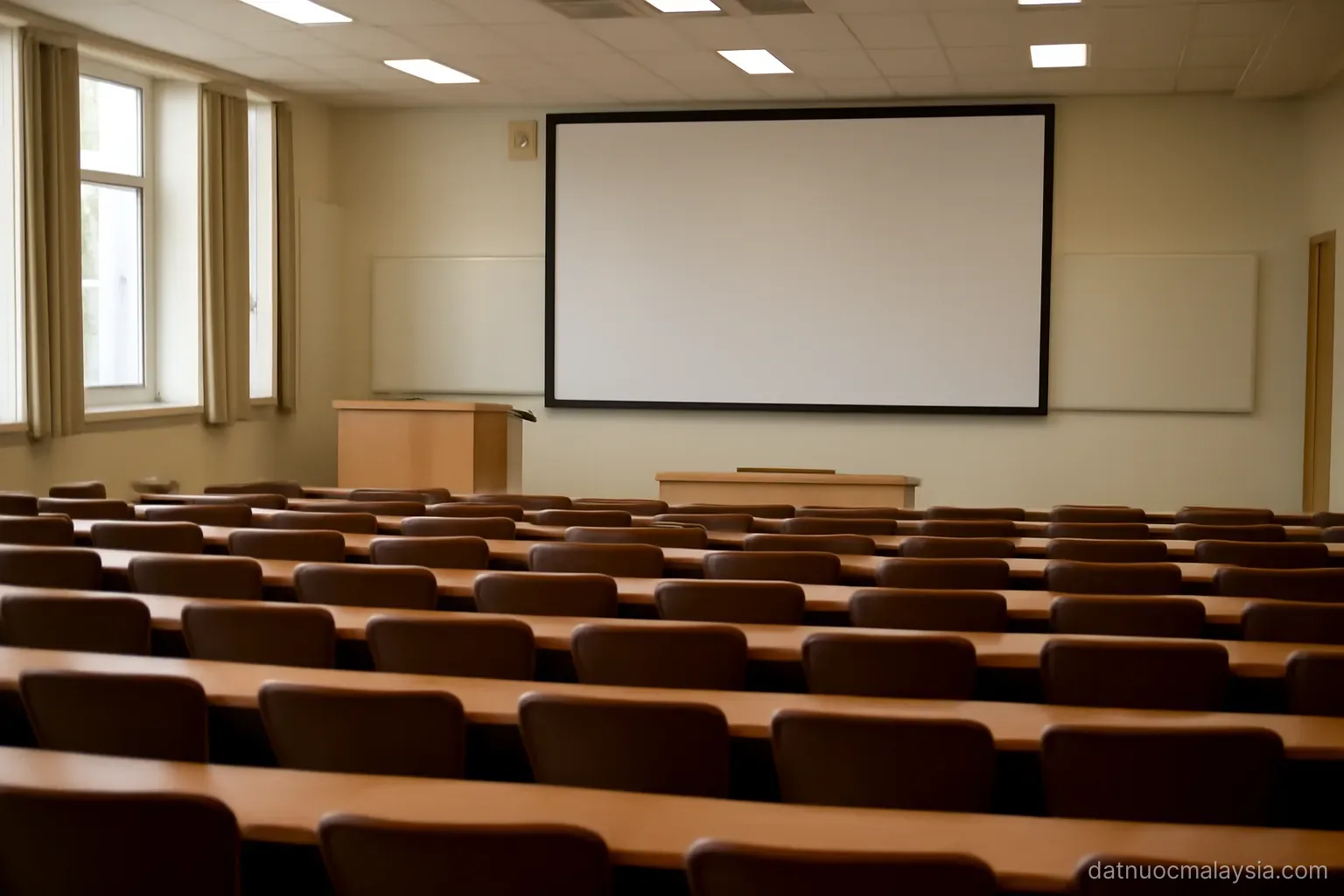 A university lecture theatre with tiered empty seats facing a blank projection screen, house lights on