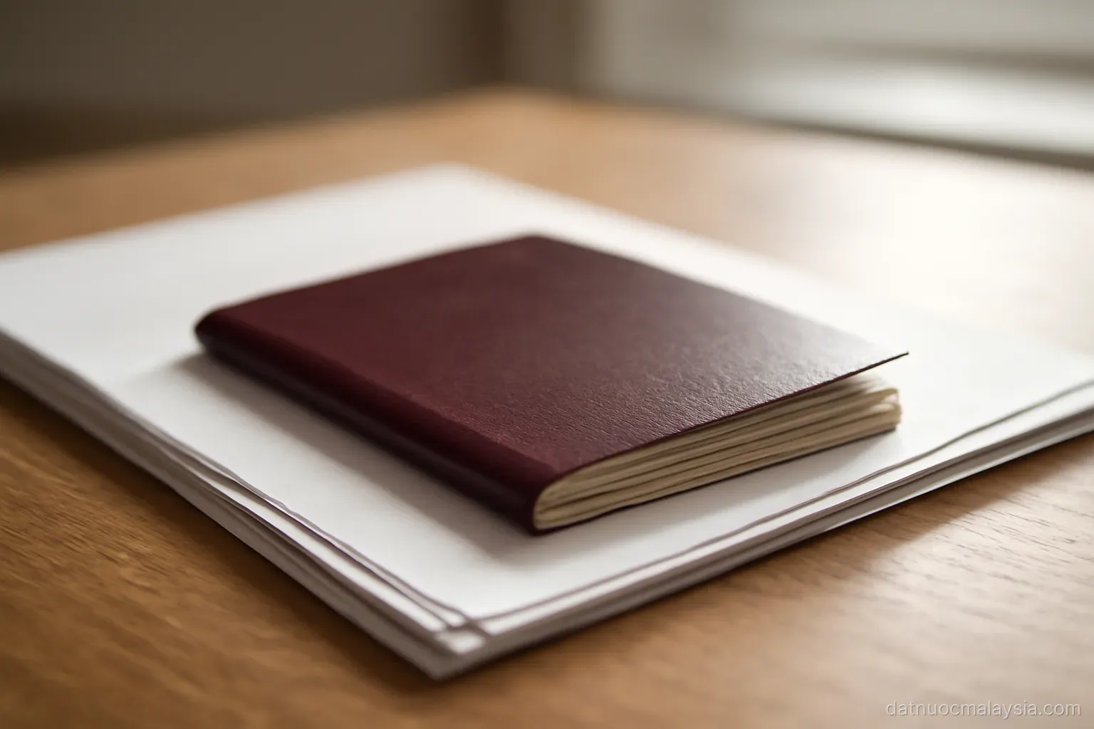 A closed passport resting on a stack of blank forms on a desk, natural light from the side