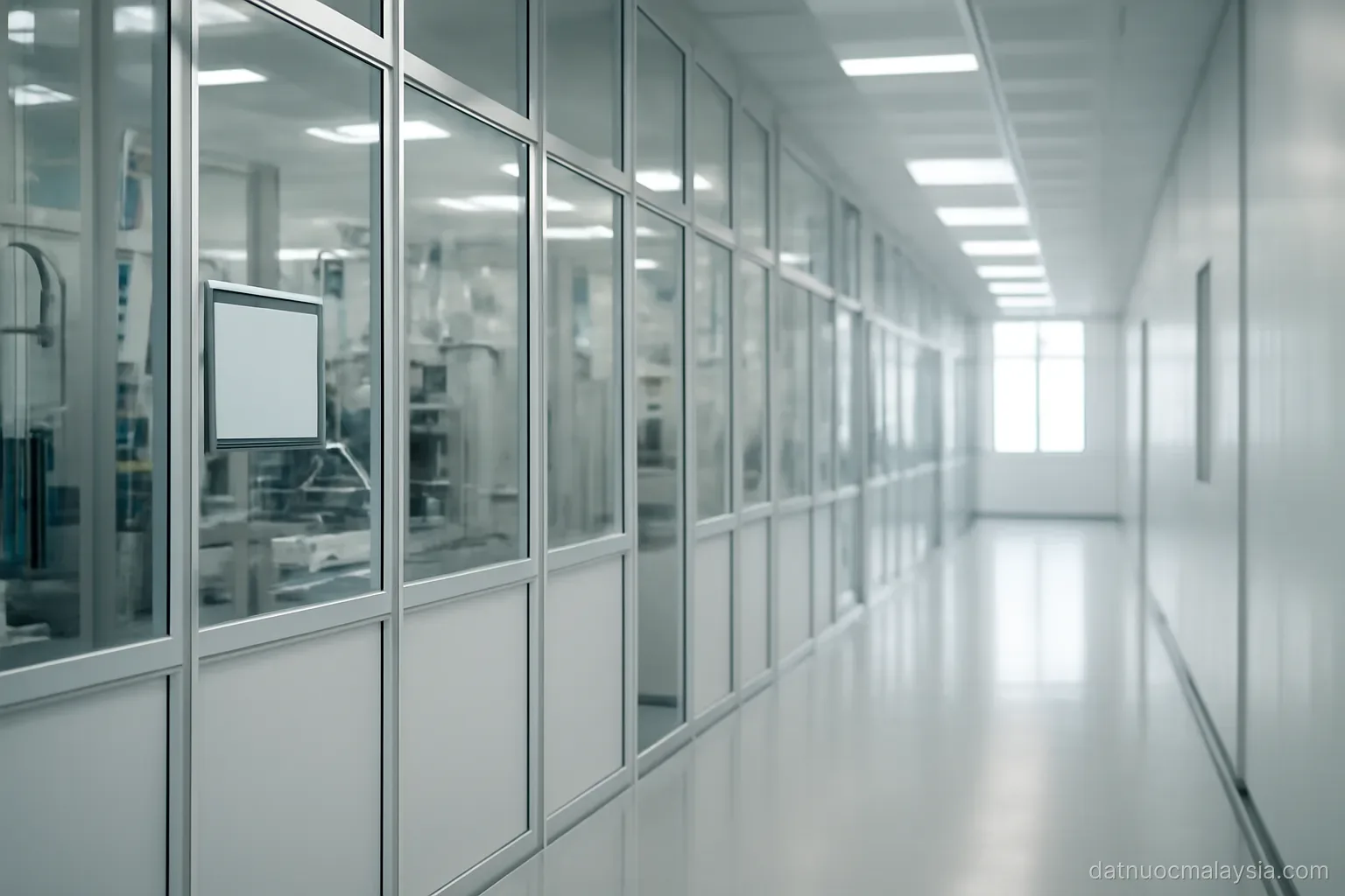A clean-room corridor in an electronics plant with equipment behind glass panels, no workers visible
