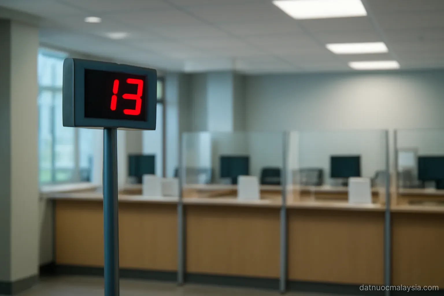 A bank branch interior with a queue-number display and empty teller counters, cool lighting