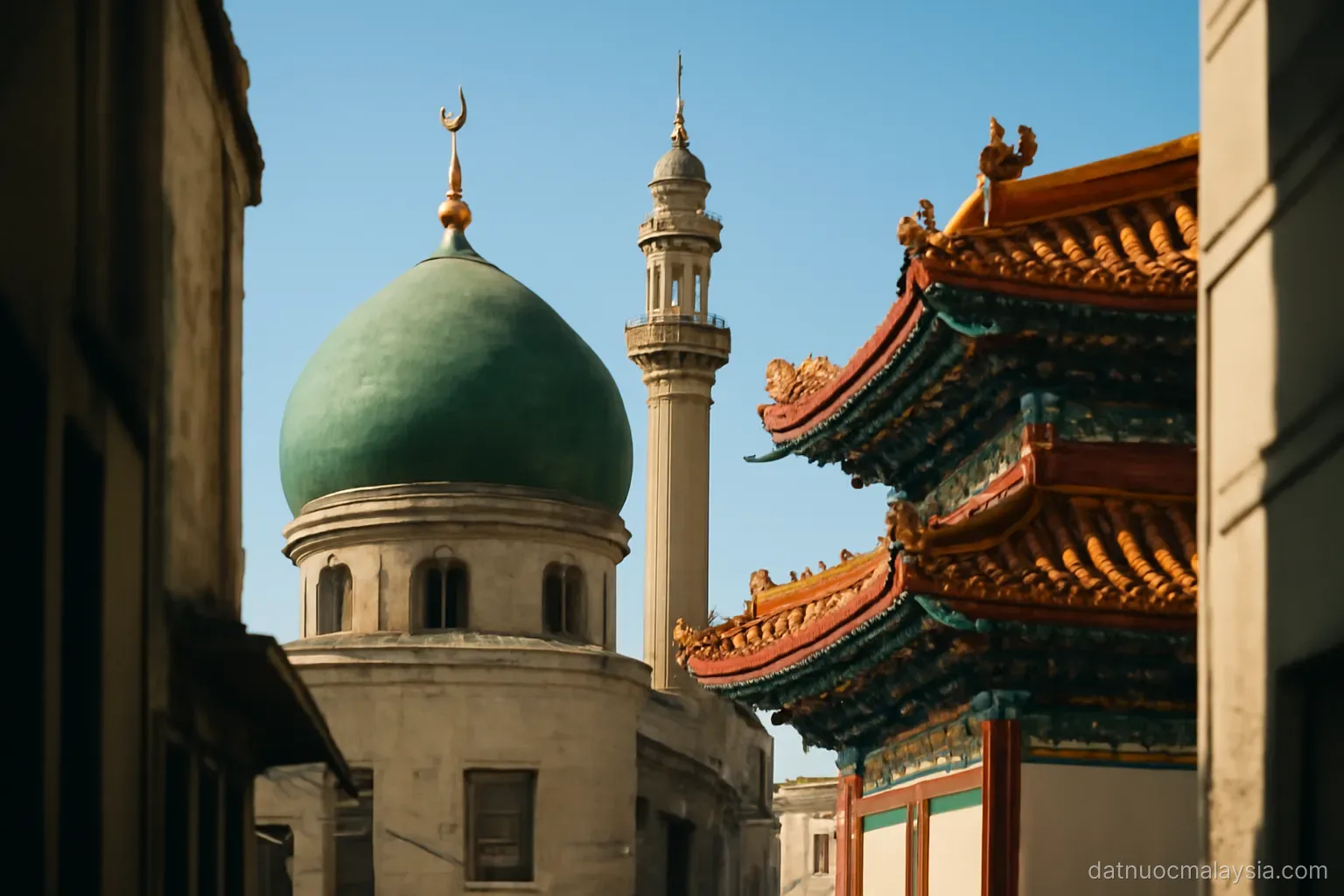 A mosque dome and minaret seen beside a Chinese temple roof across a narrow street, clear sky