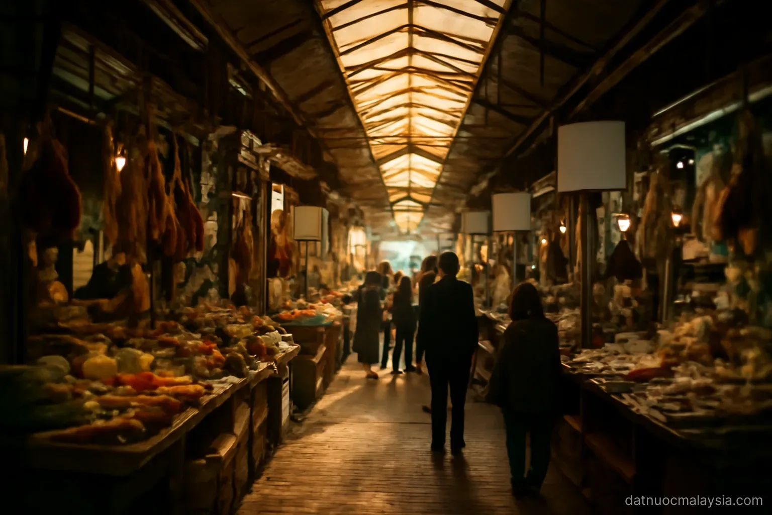 A busy covered market walkway with mixed stalls and hanging goods, warm light filtering through