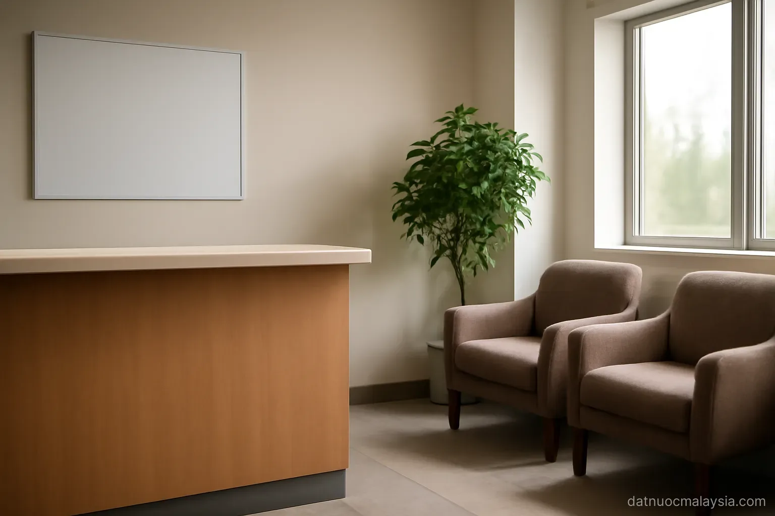 A reception area with an empty counter and two vacant armchairs beside a potted plant, daylight
