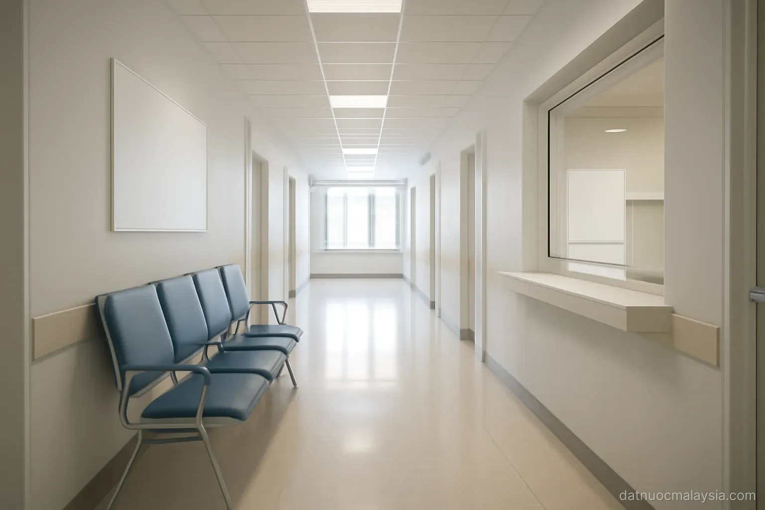 A bright hospital corridor with empty waiting chairs and a reception window, clean neutral tones